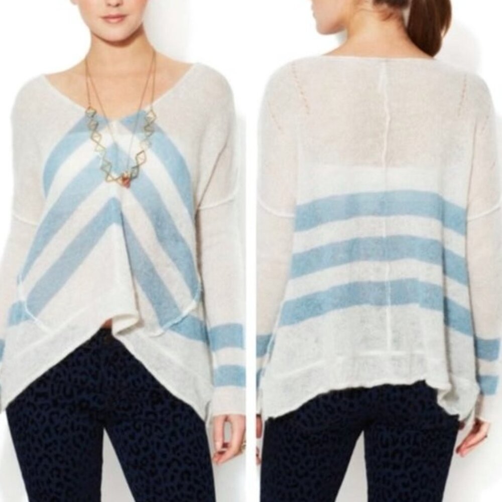 Free People White and Blue Chevron Wool Blend Sweater XS